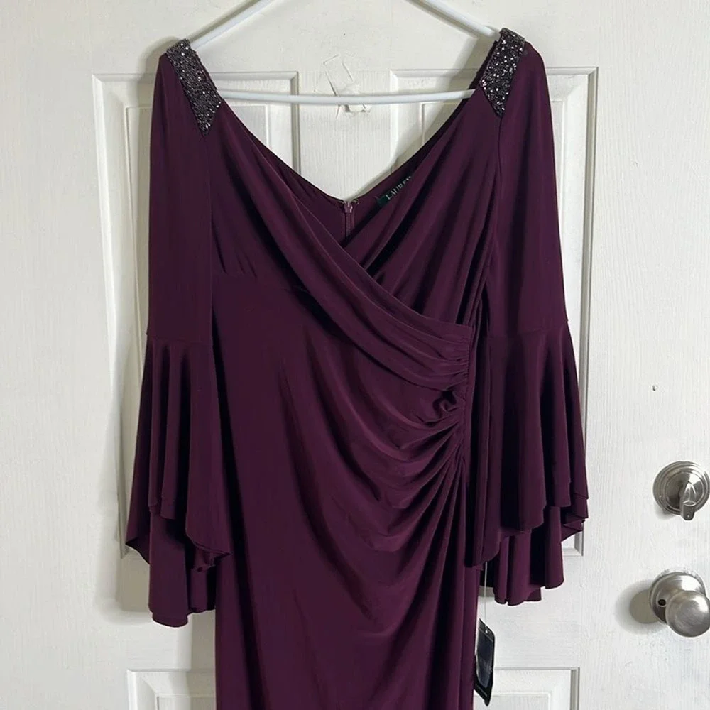 Lauren Ralph Lauren‎ Bell-Sleeve Stretch Jersey Gown Beaded size 4 Wedding New